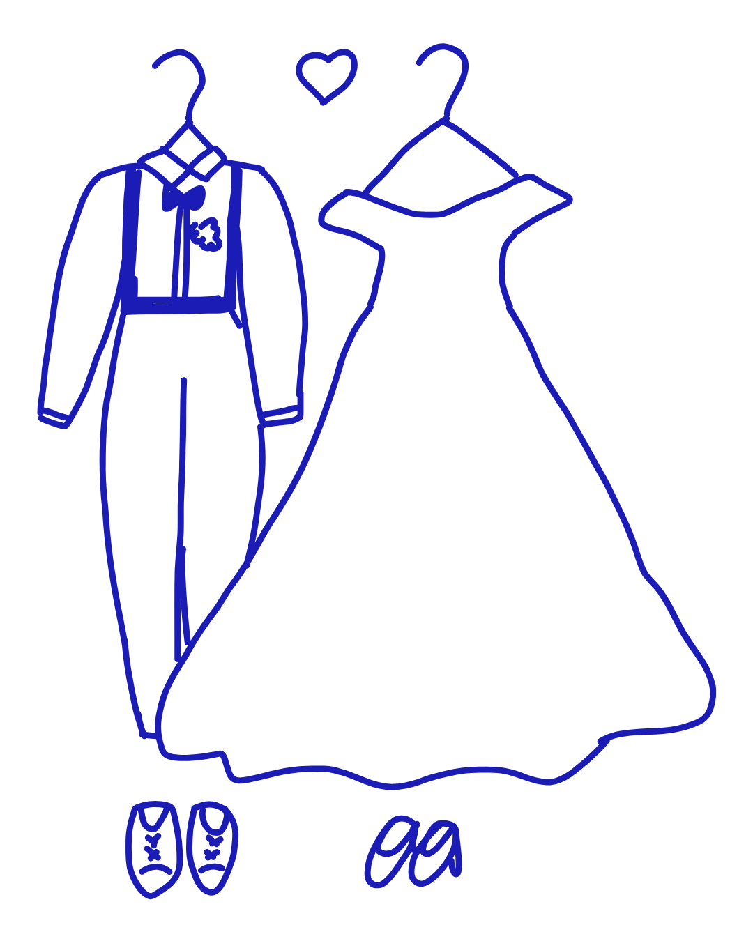 Traje y vestido de boda en perchas